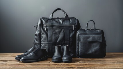 Elegant Display of Black Leather Bags and Shoes on Wooden Surface