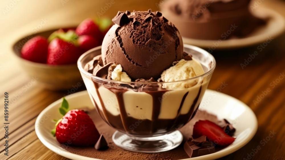 Poster  Deliciously indulgent chocolate ice cream dessert with fresh strawberries