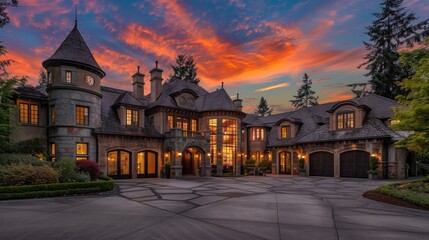 Stunning Luxury Home Exterior at Sunset with Colorful Sky and Expansive Driveway. ​