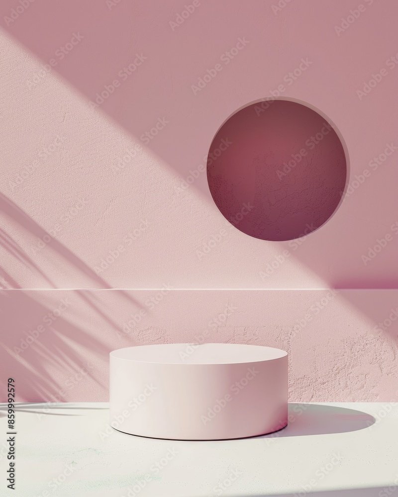 Poster minimalist pastel pink product display with circular podium and soft shadows in natural lighting