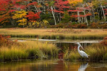 Great Egret in a Marsh with an Autumnal Background