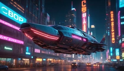 Futuristic Cityscape with Flying Vehicle.