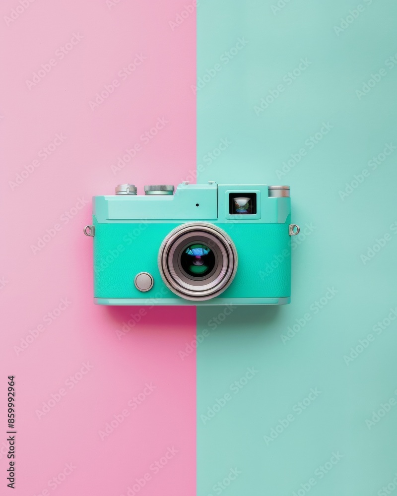 Poster abstract artistic expression through blurry vintage camera on pink and teal symmetrical background