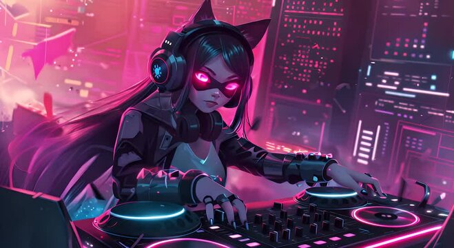 Gothic anime character DJ girl with headphones with cat ears, long hair. Created with Generative AI animation.