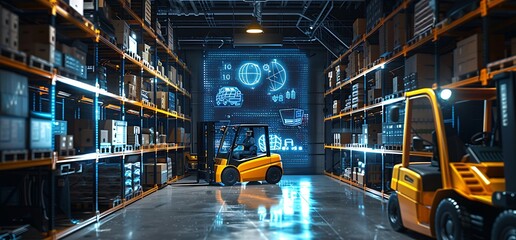 Forklift doing storage in warehouse by artificial intelligence automation. Robotics applied to industrial logistics.