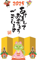 Fototapeta premium 新年の挨拶をする着物姿のヘビの年賀状
