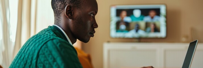 Young Black Man Engages in Virtual Support Group Discussion from Home, Illustrating Technology’s Role in Mental Health