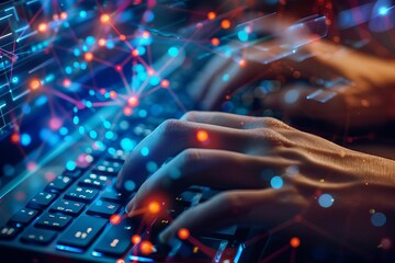 Hands typing on a keyboard with digital connections and network graphics