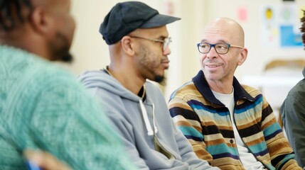 Diverse Group of Men Engaging in Mental Health Discussion at Community Center on International Men's Day