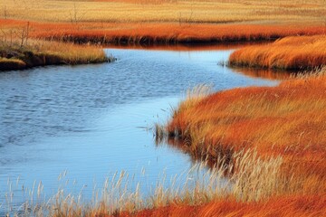 Serene River Winding Through Autumnal Grasslands