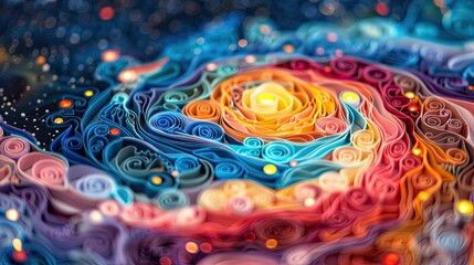 Detailed paper quilling artwork of a mystical galaxy with colorful auroras