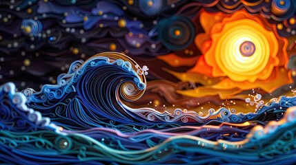 Paper quilling art of a radiant galaxy with vibrant hues and celestial bodies