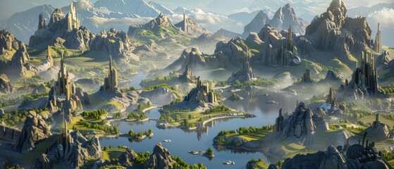 concept art, 3d model of a fantasy world with mountains, vilages and interesting places