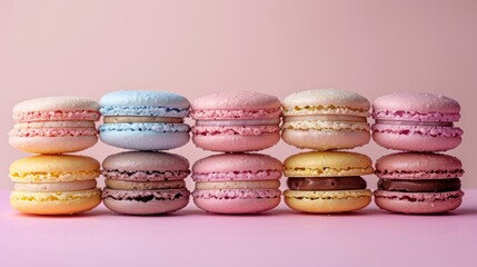 Fototapeta premium Colorful Macarons Arranged in a Neat Row with Pastel Background