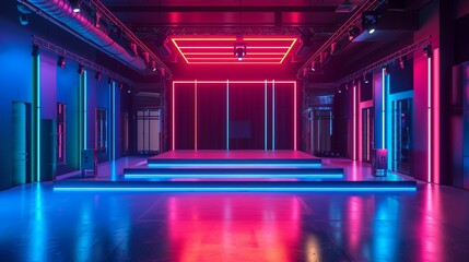 Futuristic Neon-lit Event Stage in an Industrial Setting