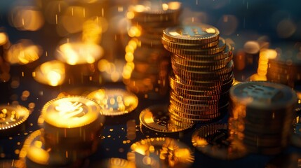 Shiny Bitcoin Coins with Golden Bokeh