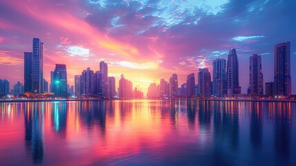 Obraz premium Stunning city skyline at sunset with vibrant colors reflecting on the water, showcasing tall buildings and modern architecture.