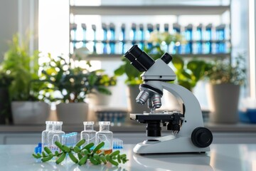 Microscope and Plant Samples in a Laboratory Setting