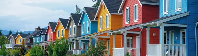 Obraz premium Colorful row of houses with vibrant facades under the cloudy sky, representing residential neighborhood and suburban living.
