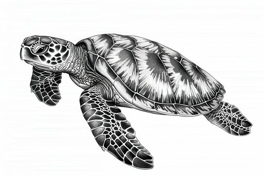Sea Turtle with cute designs, line art, line drawing, black isolated on white background, illustration background