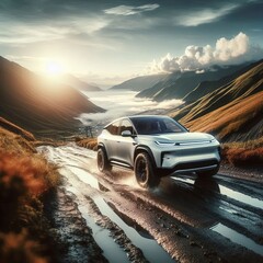 Fototapeta premium A powerful 4x4 vehicle tackles a dirt path through a rugged desert landscape