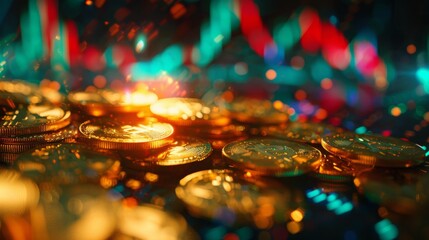 Golden Bitcoin Coins with Colorful Bokeh