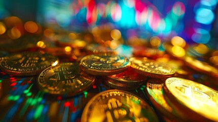Fototapeta premium Golden Bitcoin Coins with Colorful Bokeh