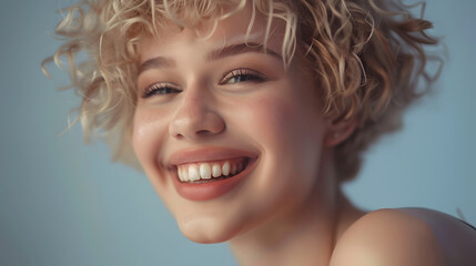 Beautiful model girl with short hair Beauty  smiling woman with blonde curly hairstyle dye Fashion cosmetics and makeup : Generative AI