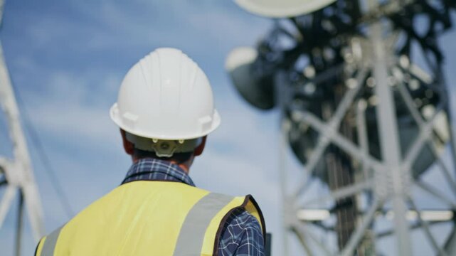 An engineer working on the mountain with telecommunication station, communication network and telecom connection 5G, 6G
