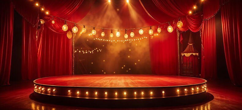  Circus stage podium background 3D carnival light red show curtain. Circus platform stage podium tent theater arena sign vintage spotlight circle stand bulb ringmaster ring cirque cartoon party cinema