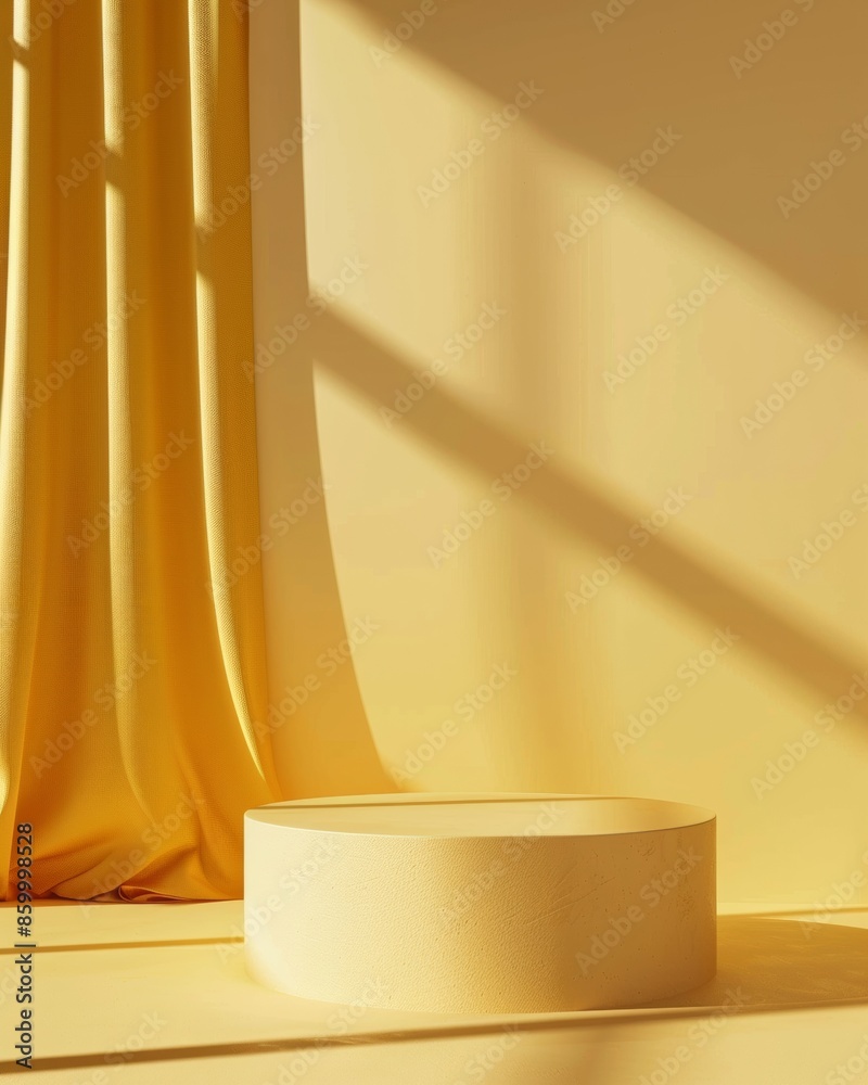 Poster minimalist pastel yellow podium in a monochromatic set-up with soft natural lighting ideal for produ