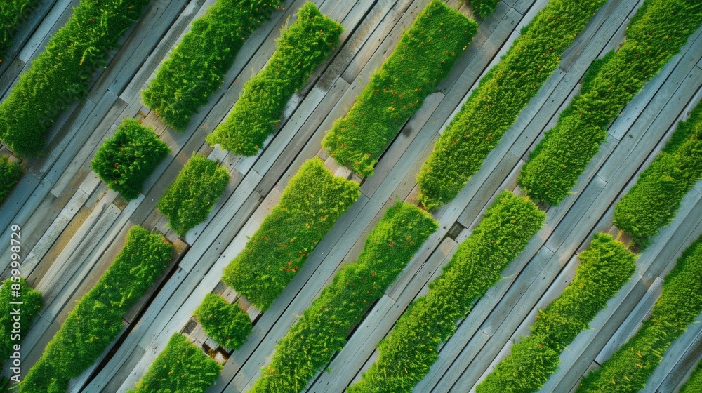Poster aerial view of green textured shirts in symmetrical pattern on geometric background - daytime, soft 