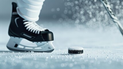 Detailed close-up of a hockey player about to strike the puck, stick and puck in sharp focus, ice surface textured and realistic, sweat and determination on the player's face