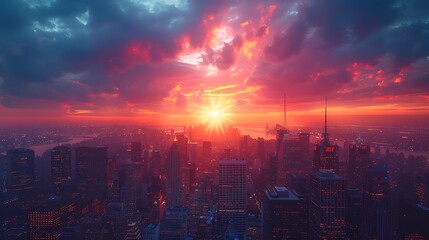 Fototapeta premium A drone view of a city at dusk, with skyscrapers, illuminated streets, and the last light of the sun creating a warm glow.