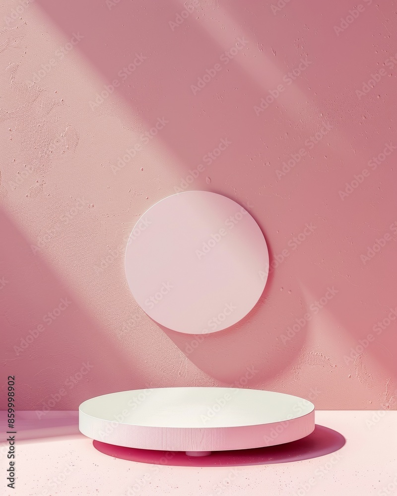 Poster minimalist pastel pink mockup with circular podium for product display, bright natural lighting and 