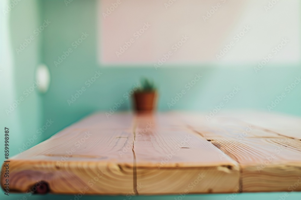 Poster modern minimalist pink wooden table in stylish studio with soft natural light and vintage bokeh back