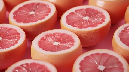 Detailed shot of several halved grapefruits, their bright pinkish-red interiors and juicy segments sparkling under the light, emphasizing texture and color