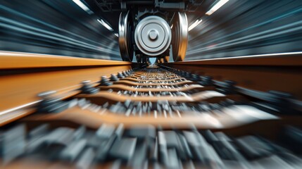 Detailed shot of train wheels and suspension system, highlighting the mechanical intricacies of railway transportation, with blurred motion of the passing train