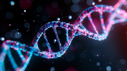 Dynamic DNA helix in vivid colors, glowing bokeh lights in the background, representing genetic science and molecular biology, intricate details and vibrant hues