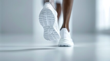Dynamic shot of a runner's feet mid-stride, high-performance running shoes in action, white background emphasizing the movement and athleticism, perfect for sports-themed designs