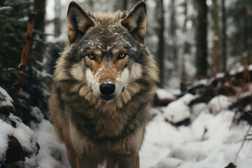 Fototapeta premium Majestic Wolf Standing in a Snow-Covered Forest with Intense Gaze