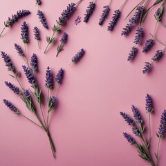 Lavender flowers on pink background. Flat lay, top view