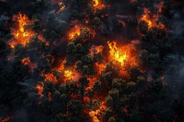 Fototapeta premium Illustrate a stunning aerial perspective of a lush forest on fire, showcasing the flickering orange flames amidst the shadowy depths below,