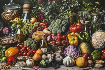 Illustrate a traditional oil painting of a diverse array of whole foods, including fresh produce, grains, and herbs, in a striking frontal composition,
