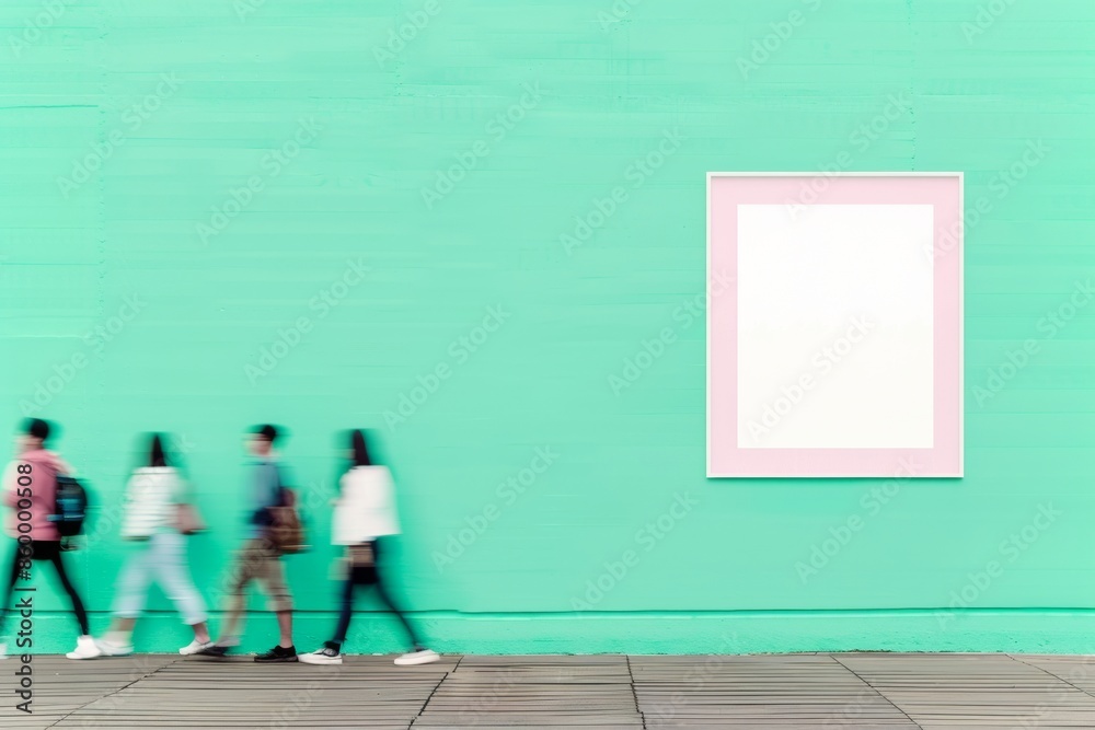 Poster dynamic outdoor scene with pastel green wall and motion-blurred people passing by an empty frame