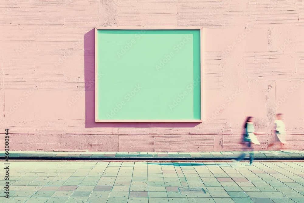 Poster dynamic scene by pastel green wall with empty frame and blurred people passing in outdoor natural li
