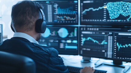 A person equipped with headphones monitors multiple graphs and charts on computer screens, analyzing data trends in a modern workspace.