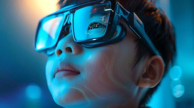Imagine a 12yearold Asian boy, his face lit up with excitement, wearing smart glasses that show educational content, like a virtual science experiment or an interactive language le