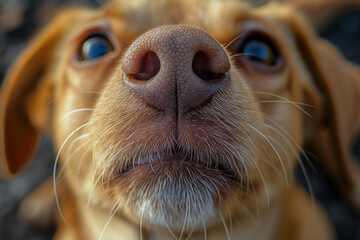 Funny portrait puppy dog close up it nose.