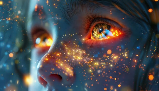 A child's face illuminated with vibrant lights, showcasing glowing eyes and mystical stardust for a magical effect.